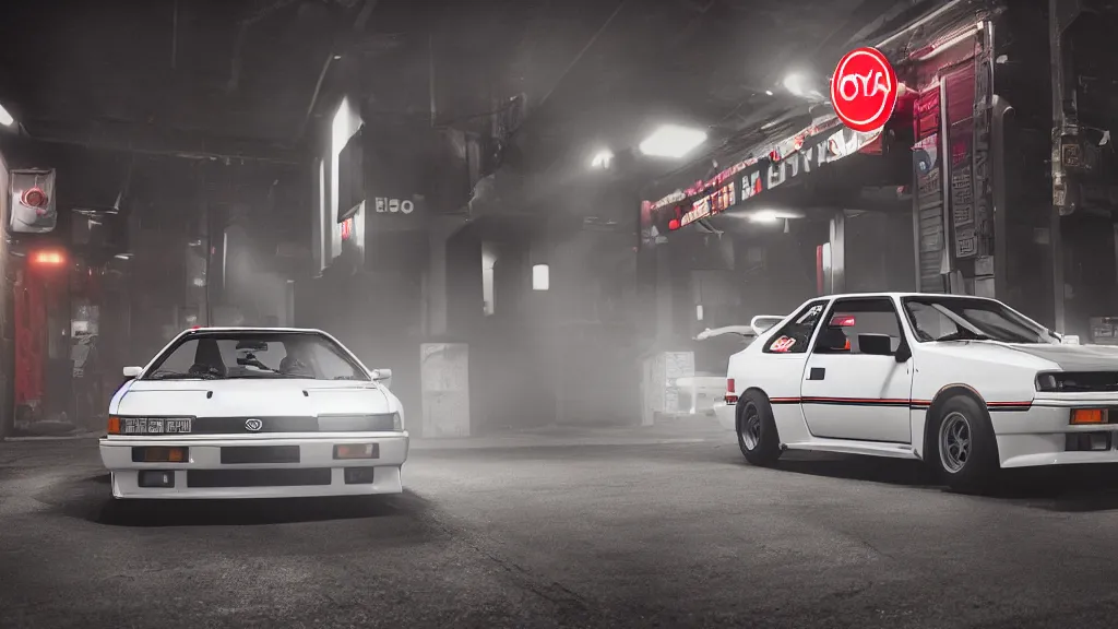 Image similar to a 1 9 8 3 toyota ae 8 6 with carbon hood and tofu shop side door banner, cinematic, nikon d 7 5 0, long exposure, white balance, 8 k, led, lumen global illumination, fog, ray tracing reflections, fxaa, rtx, post - production