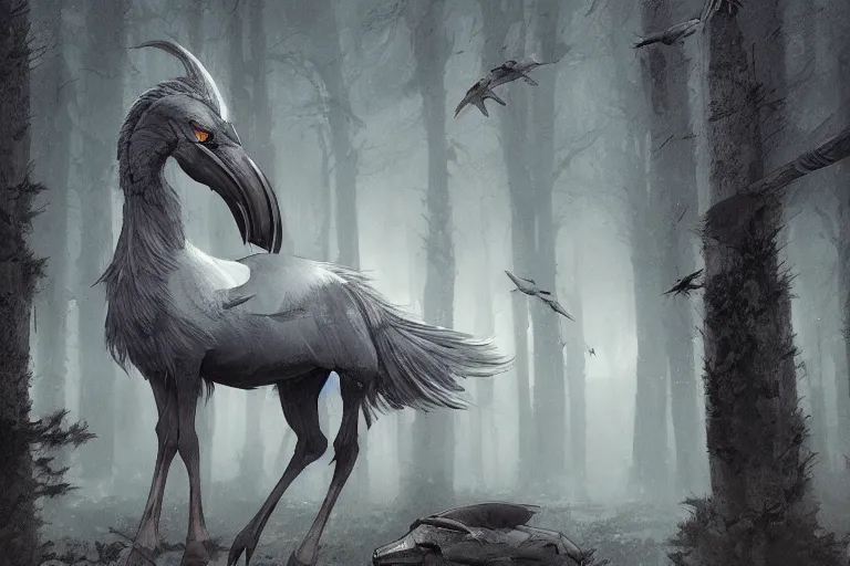 Prompt: horse merged with shoebill, digital art made by makoto shinkai, lois van baarle, greg rutkowski and jakub rebelka, highly detailed, symmetrical, extremely coherent, smooth, shaped focus, dystopian gray forest background, skull