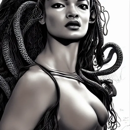 Image similar to Shanina Shaik as Medusa, snakes for hair, highly detailed, digital painting, artstation, concept art, smooth, sharp focus, illustration, art by Chris Achilleos and artgerm, in the style of Medusa (1988) by Chris Achilleos.