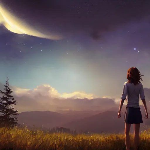 Prompt: max caulfield looking at beautiful sky at night, intricate, youth, artstation, life is strange, edouard caplain, ue 5, highly detailed, 8 k, landscape, beeple, jessica rossier