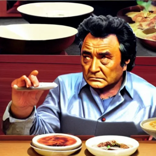 Prompt: Columbo tries hot pot