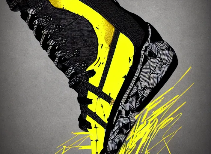 Image similar to glowing black sneaker, wth short golden lines, yellow details, symmetrical, highly detailed, digital art, sharp focus, trending on art station, samurai, electricity superpowers, anime art style