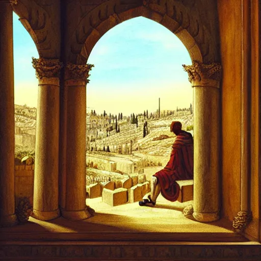 Image similar to fantasy art of king david overlooking the city of jerusalem through his palace window