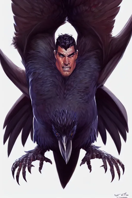 Image similar to character art by wlop, steve henderson, and j scott campbell, gooseman, male hero, raven head, wings, 4 k, arstation, trending, high quality, very detailed, digital