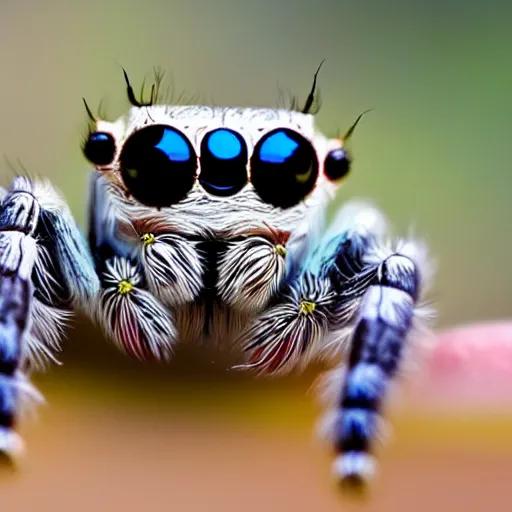 Prompt: a cute jumping spider, macro lens, iridescent