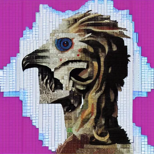 Image similar to by cecil beaton pixel art highly detailed. a collage of a man, with an animal skull for a head, & a large bird perched on his shoulder. the man is looking up at the bird with a fierce expression, & the bird is looking back at him with an equally intense gaze.