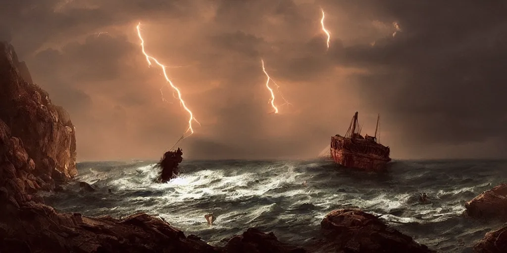 Image similar to “ a roman in a red tunic crawls from the ocean onto a rocky beach ” “ wreckage of a trireme in ocean ” “ stormy seas, lightning, fog, waves ” dark fantasy, cinematic, very detailed, mist, volumetric lighting, golden ratio, vivid, trending on artstation, 4 k matte painting,