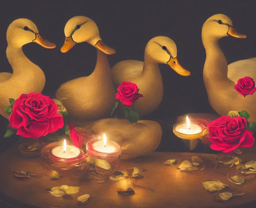 Image similar to two ducks with funny hats on their heads having a romantic dinner with candles champagne petals roses, hyperrealistic, focused, extreme details, masterpiece, 8 k, ultrahd, hd resolution