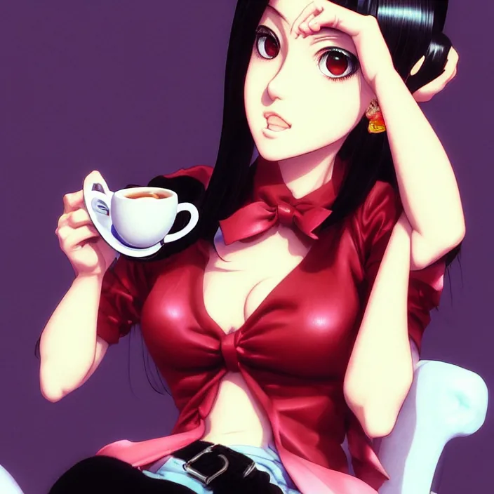 Image similar to portrait of a snobby young mexican socialite drinking an espresso, by range murata katsuhiro otomo, yoshitaka amano, nico tanigawa, and artgerm rendered with 3 d effect, sweet artpiece.