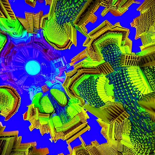 Prompt: city made out of 3 d mandelbulb fractals, lime green & electric blue colors, octane, dramatic lighting, highly detailed, 8 k