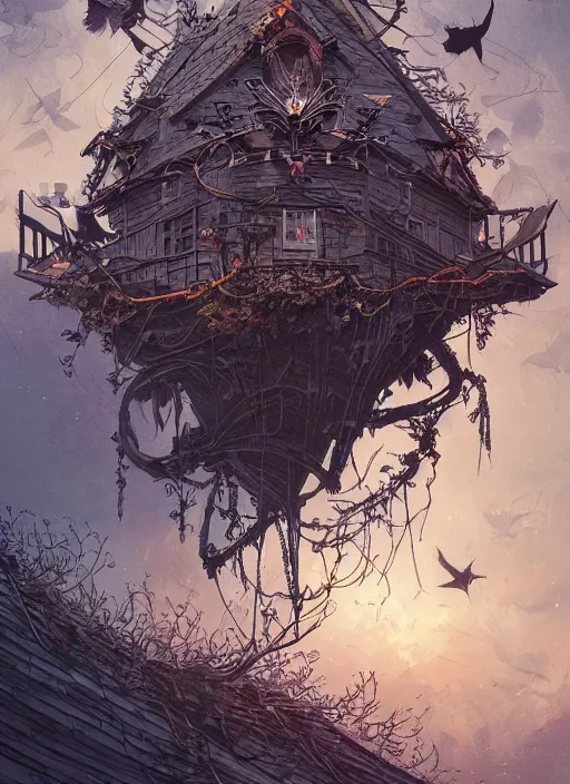 Image similar to crows nest like a wreath, cruelty, black crows, light effect, hyper detailed, intricate, elegant, highly detailed, digital painting, artstation, concept art, matte, sharp focus, illustration, by dan mumford, yusuke murata, makoto shinkai, ross tran