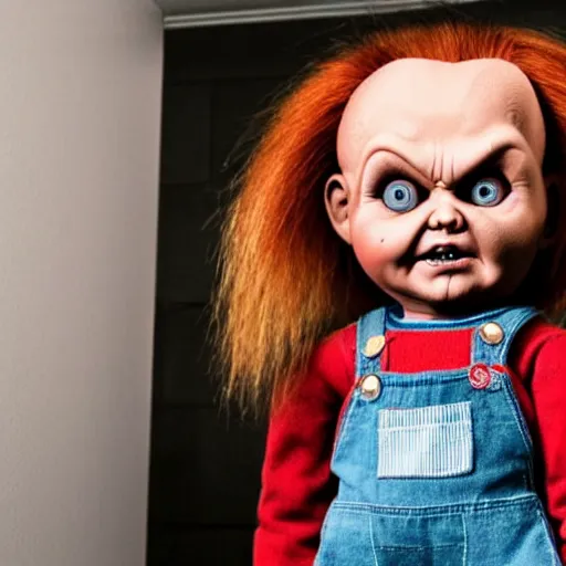 Image similar to chucky the killer doll standing in the bathroom