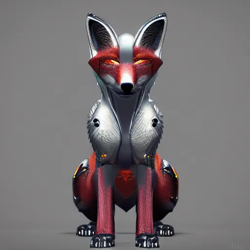 Image similar to chrome fox, glossy, metallic, neon, symmetrical, tribal patterns, realistic, unreal engine, octane, redshift, artstation, behance