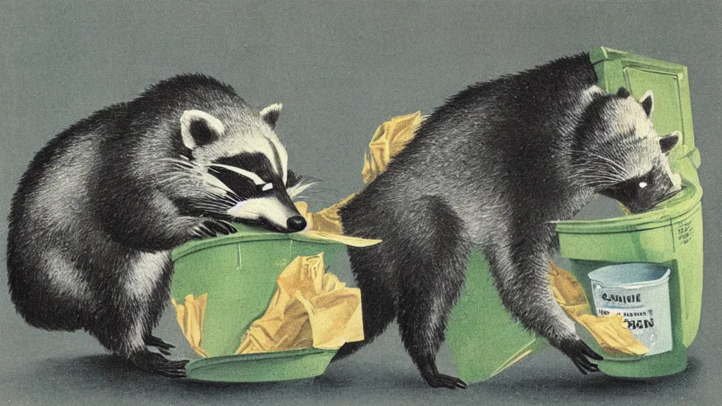 Image similar to A vintage scientific illustration from the 1970s of a raccoons digging through a trash can René Magritte