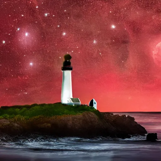 Image similar to Photography, very detailed, hyper-realistic A red and white striped lighthouse shining out onto the sea; a white house with a red roof with the lights on inside; thin dark trees behind; nighttime with stars behind; full moon; 8k