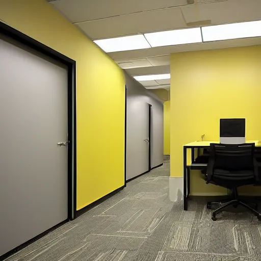 Image similar to the backrooms : an endless maze of randomly generated office rooms and other environments. it is characterized by the smell of moist carpet, walls with a monochromatic tone of yellow, and buzzing fluorescent lights