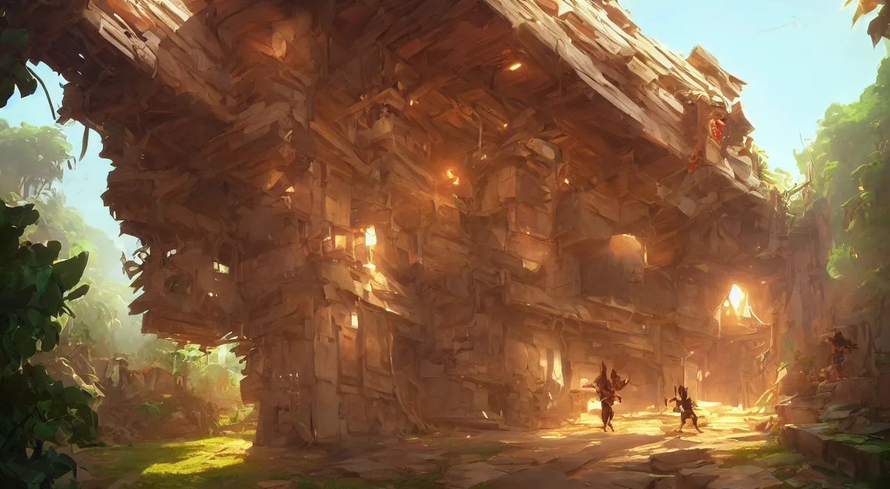 Image similar to open door wood wall fortress greeble block amazon jungle heartstone global illumination ray tracing hdr official fanart behance hd artstation by jesper ejsing, by rhads, makoto shinkai and lois van baarle, ilya kuvshinov, rossdraws