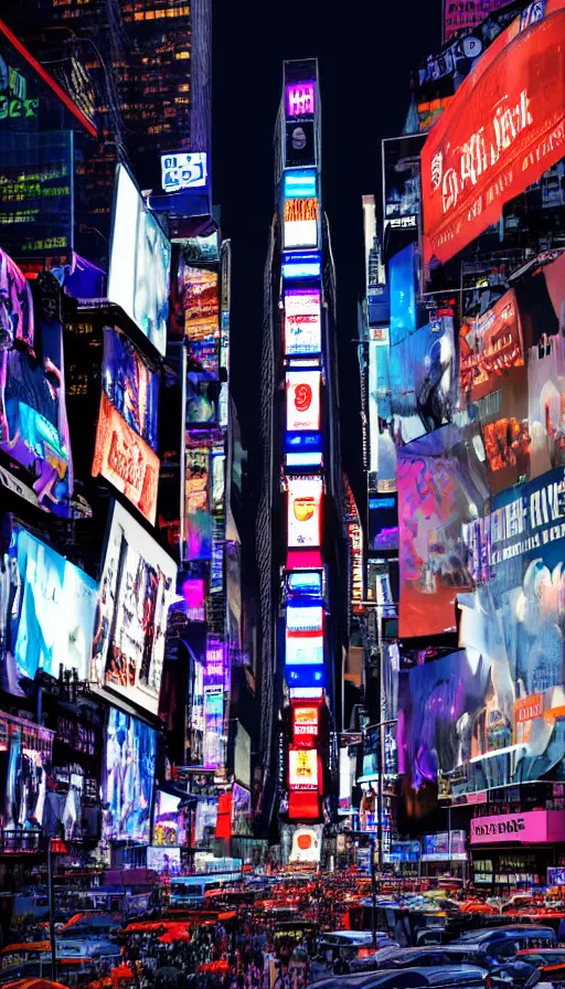 Image similar to 8k high resolution photograph of cyber punk New York Times Square at night, futuristic