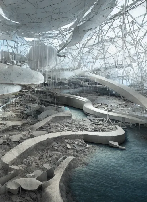 Image similar to art exhibition, architecture installation in biennale venezia, bioremediation white mining tailing futuristic horizontal architecture, epic, cinematic, hyperealistic, high detailed, corona render, hdr, ray tracing