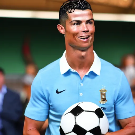 Prompt: a still from the antiques roadshow, cristiano ronaldo with a priceless soccer ball, uhd, 8k,