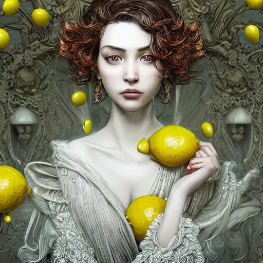 Image similar to the portrait of a sensual lemon that resembles an absurdly beautiful, graceful, elegant woman, an ultrafine hyperdetailed illustration by kim jung gi, irakli nadar, intricate linework, bright colors, octopath traveler, final fantasy, unreal engine 5 highly rendered, global illumination, radiant light, detailed and intricate environment