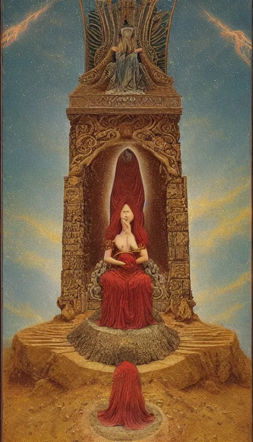 Image similar to the empress, a beautiful woman sitting on a stone throne, fertility, tarot design, ankh symbolism, agostino arrivabene