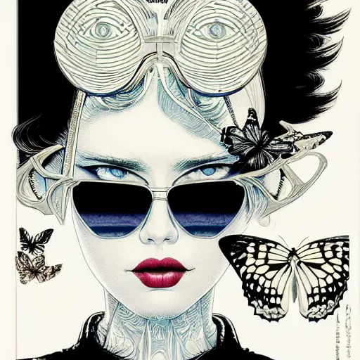 Prompt: portrait of crazy girl with butterfly sunglasses, symmetrical, by yoichi hatakenaka, masamune shirow, josan gonzales and dan mumford, ayami kojima, takato yamamoto, barclay shaw, karol bak, yukito kishiro