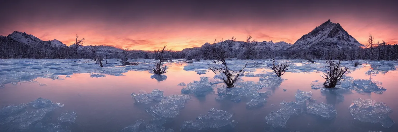 Image similar to amazing landscape photo of a Frozen Giant stuck under the ice transparent frozen lake at sunset by marc adamus beautiful dramatic lighting