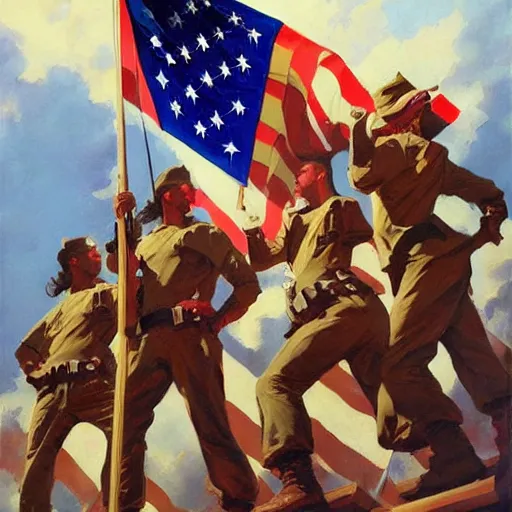 Image similar to greg manchess painting of a propganda poster of a group of soldiers raising the american flag, painting, trending on artstation, by huang guangjian and gil elvgren and sachin teng