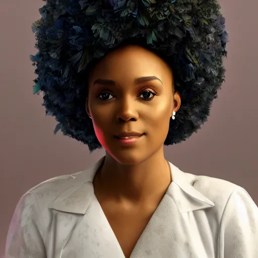 Image similar to portrait of a smiling beautiful black woman who looks like janelle monae and erika alexander with big fluffy afro surrounded by flower petals by argerm and by alphonse mucha, face by wlop, trending on artstation, octane render