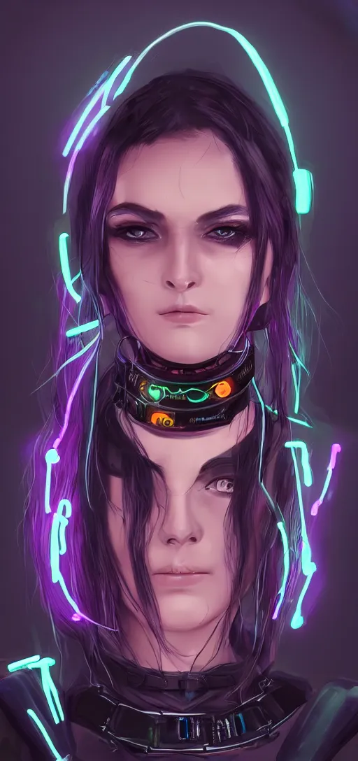 Image similar to headshot artwork of cyberpunk woman wearing thick black choker, collar on neck, realistic, artstation, neon,