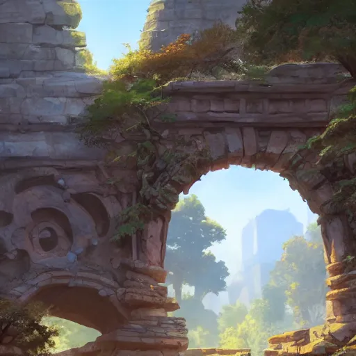 Image similar to concept art painting of an ornate ancient stone archway, in the woods, realistic, detailed, cel shaded, in the style of makoto shinkai and greg rutkowski and james gurney