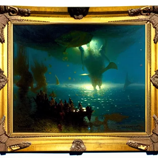 Image similar to point of view of deep in the ocean looking up, you see fishes, the milk way, night time, midnight, no sunlight. highly detailed painting by gaston bussiere, greg rutkowski 8 k