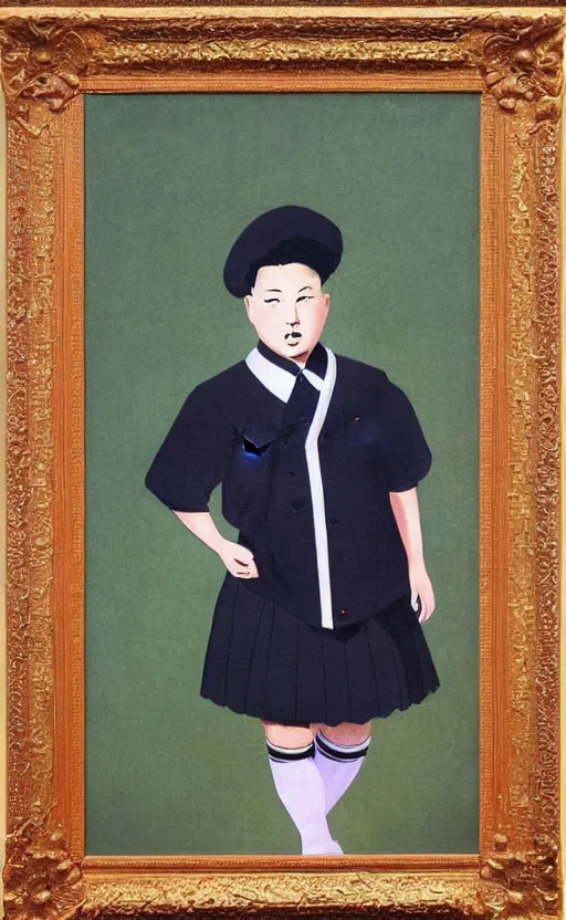 Prompt: kim jong - un, school uniform, seifuku, pleated miniskirt, overknee socks. by rembrandt 1 6 6 7, illustration