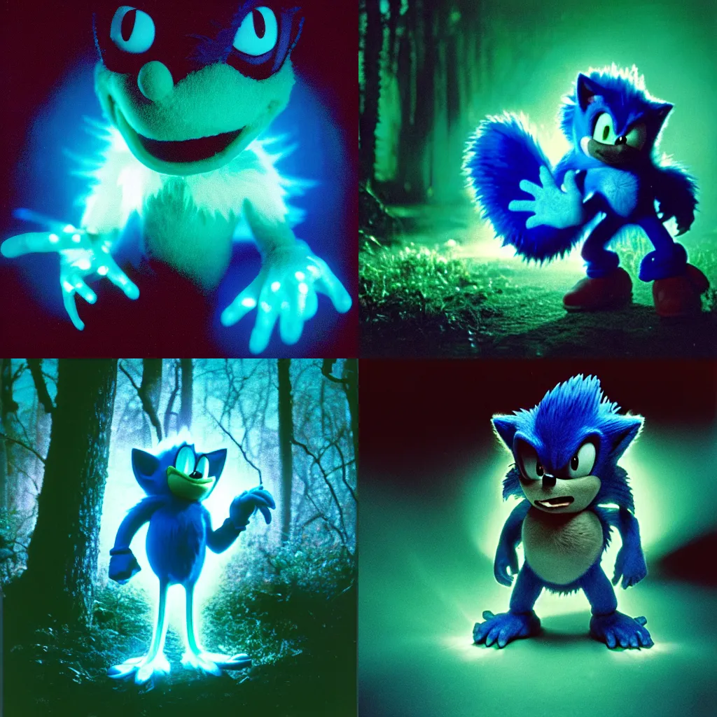 Prompt: ektachrome medium format provia film still of a sonic the hedgehog blue swamp creature with fangs and claws, faded glow, anomorphic lens flare, creepypasta