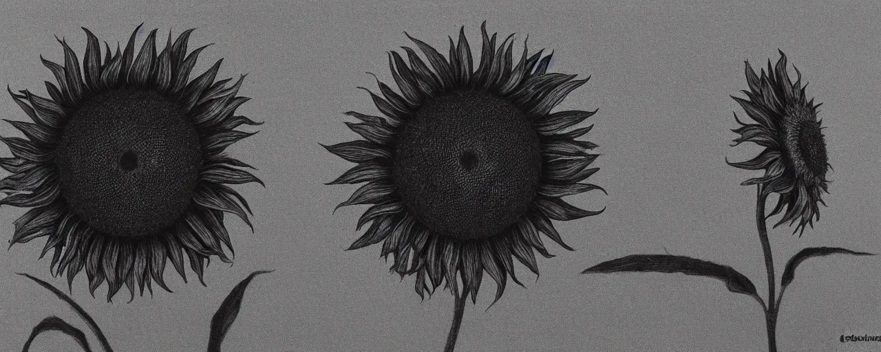 Image similar to a black and white sunflower, black minimalistic background, by Beksinski