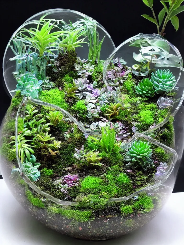 Prompt: terrarium with plants from a different planet. holographic, beautiful, ethereal