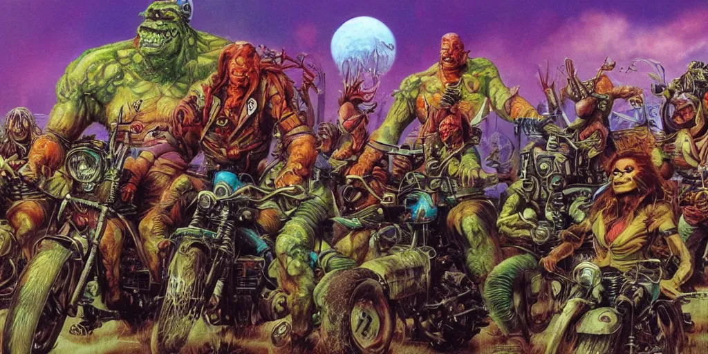 Image similar to psychedelic post apocalyptic orcish biker gang, sharp focus, psychedelic colors, boris vallejo, michael whelan, 8 k, epic scifi fantasy art