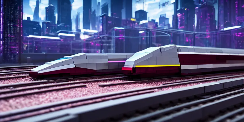 Image similar to a cyberpunk maglev train riding though futuristic station, blocky futuristic cityscape in background, gorgeous lighting and metallic reflection, maroon and blue accents, 8k, large scale, high detail, side profile