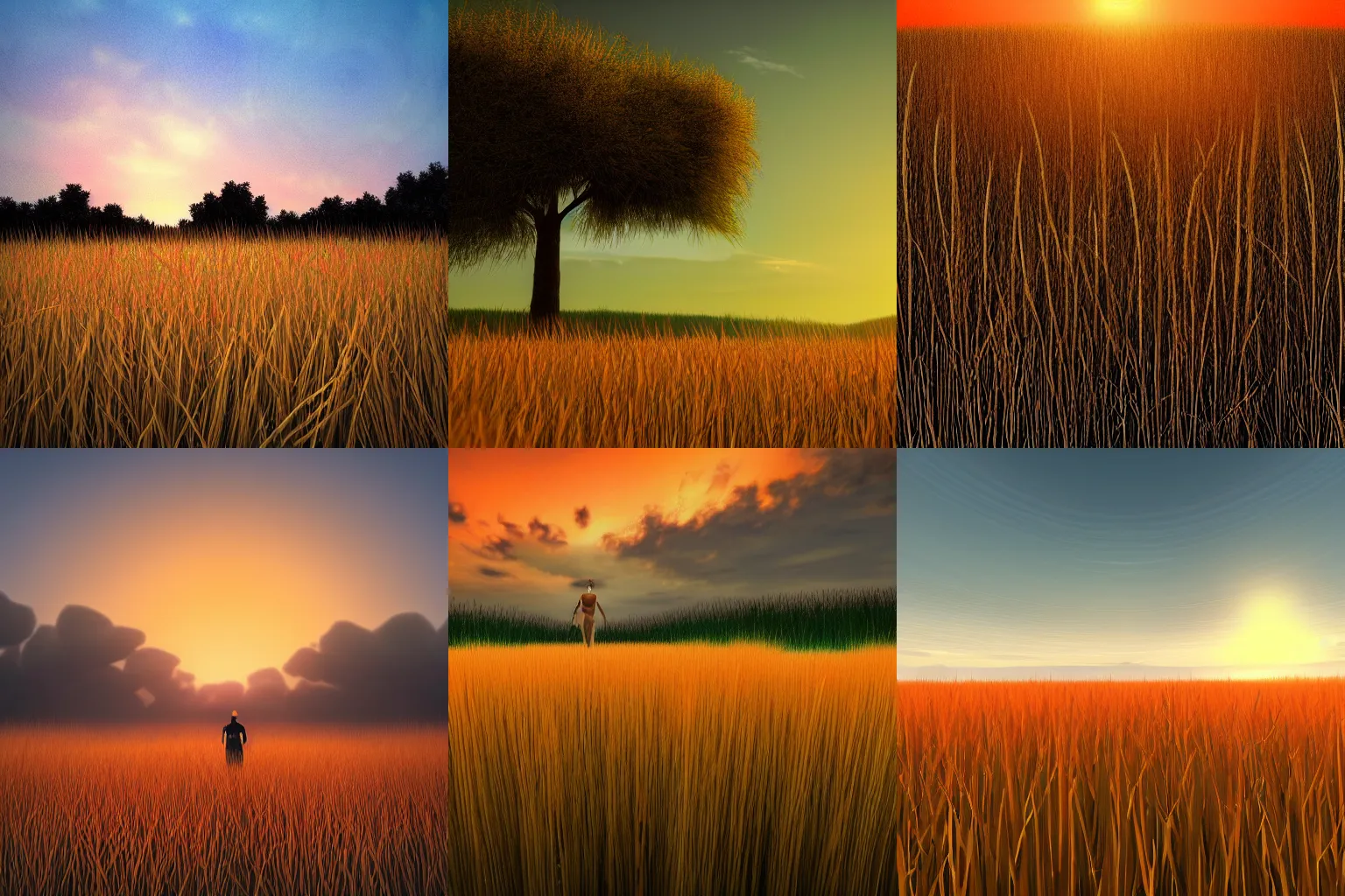 Prompt: An Imag standing in a field of tall grass. It is very still, and blends in with the grass. It is waiting for prey to come close enough to catch. The sun is setting, and the sky is orange. Trending on artstation and deviantart.