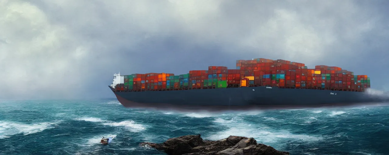 Image similar to paintifng of container ship containership colossus near misty black cliffs over steamy water, matte painting, detailed, amazing, 4k resolution