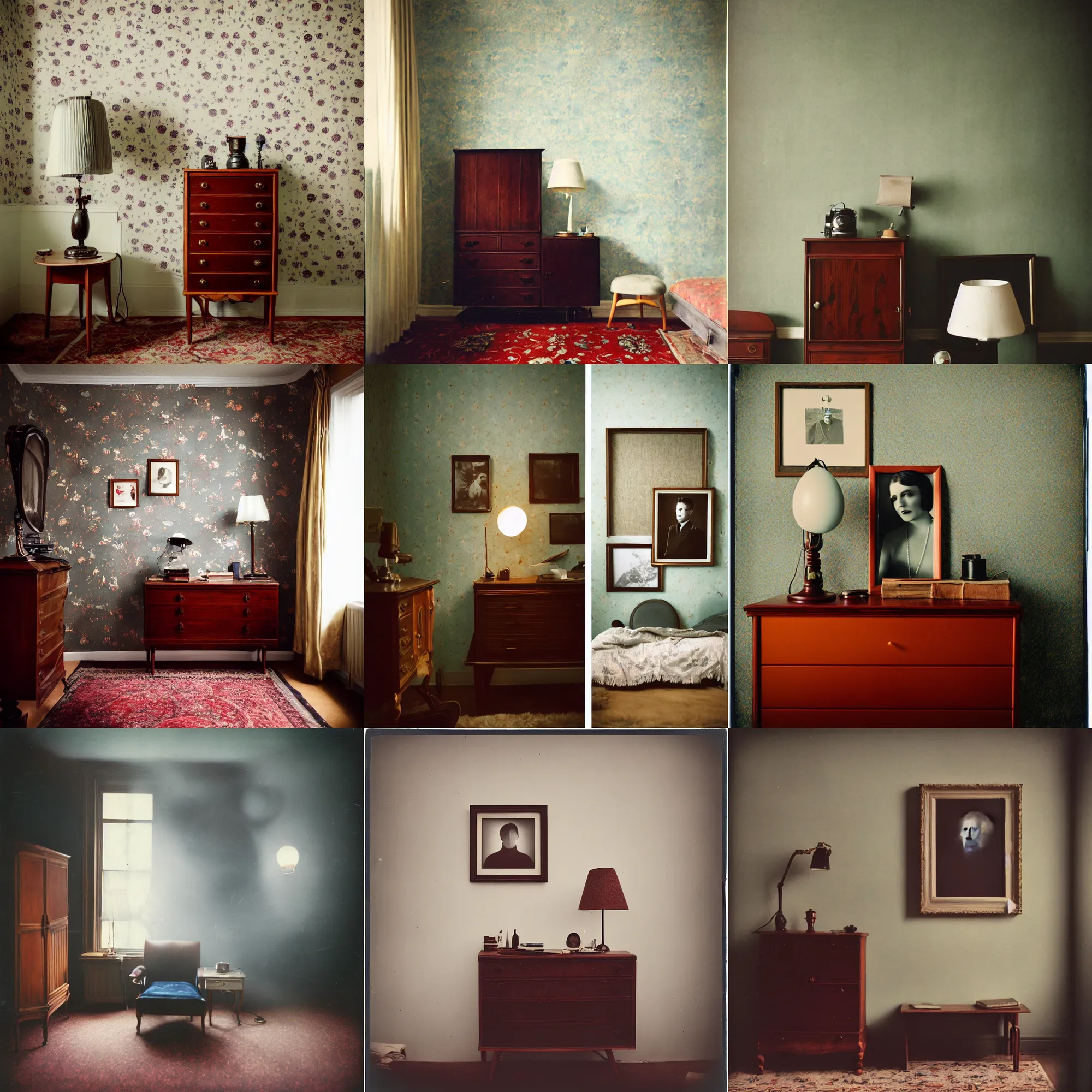 Prompt: kodak portra 4 0 0, wetplate, fisheye, award - winning portrait photo by britt marling, 1 9 2 0 s room, picture frames, 1 9 2 0 s furniture, wallpaper, carpet, shining lamp,, muted colours, blueberry, wood, fog,