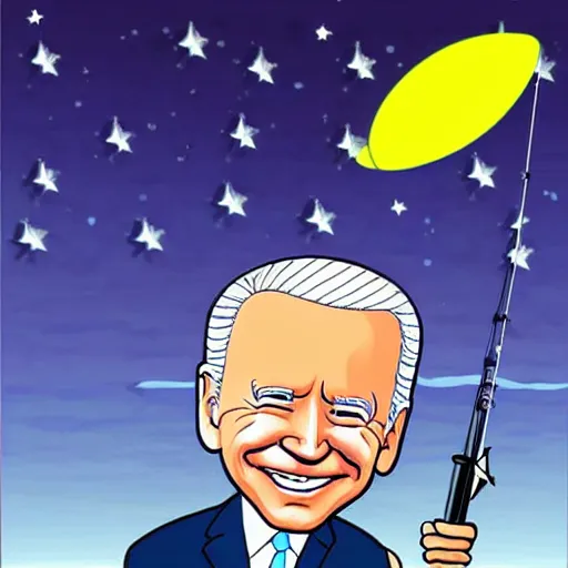 Prompt: joe biden fishing in space, cartoon style, space, stars, fishing pole,