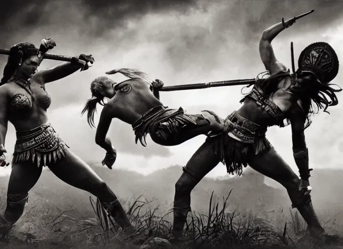 Prompt: movie, ancient Battlefield, two beautiful aztec warrior females fight, epic ,old photo, vintage, black and white, Boris vallejo, sepia, apocalypto