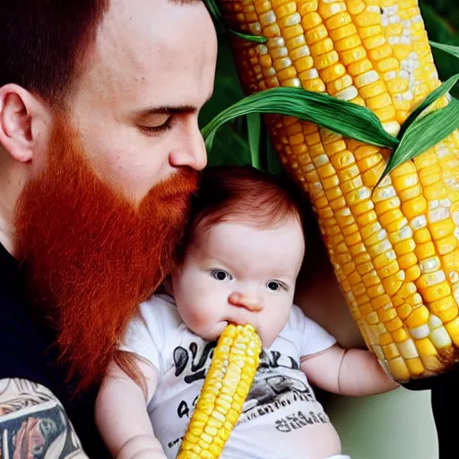 Image similar to photo of a slender attractive couple. The woman has long straight red orange hair. The man has a dark thick neatly groomed beard and tattoos. They are holding a giant corn and a cute baby.