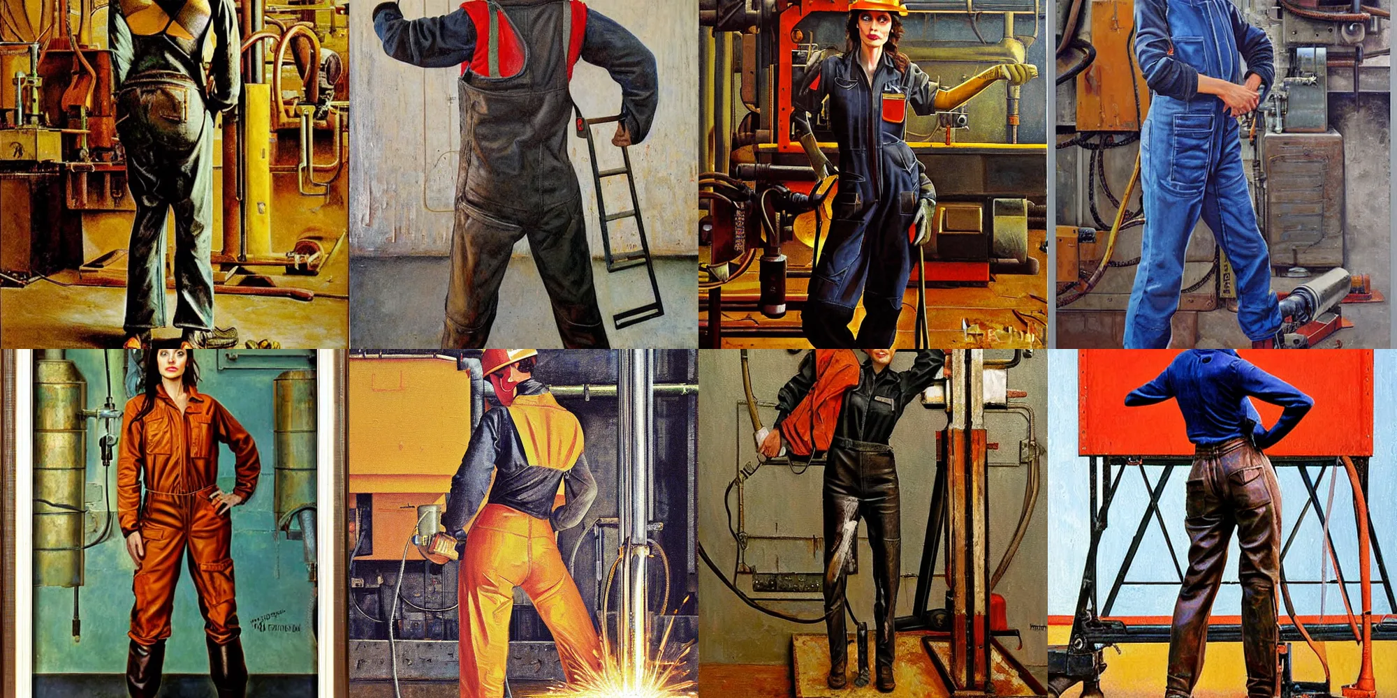 Prompt: symmetrical oil painting of full - body angelina jolie in steelworker welder costume by norman percevel rockwell