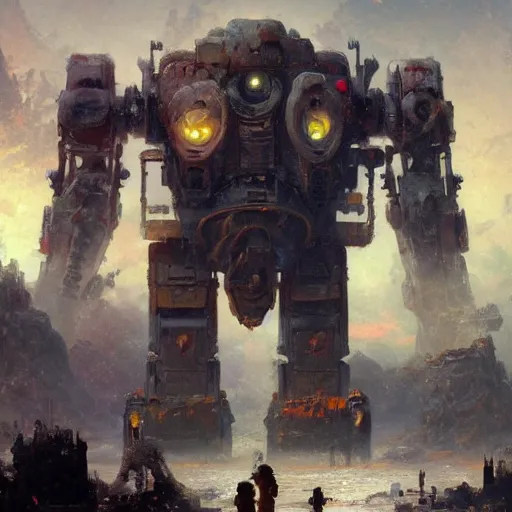 Prompt: an ancient robot titan is discovered by a group of children, digital painting masterpiece, painted by thomas kinkade, by greg rutkowski, by frank frazetta, by yoji shinkawa, 4 k wallpaper, beautiful, gorgeous