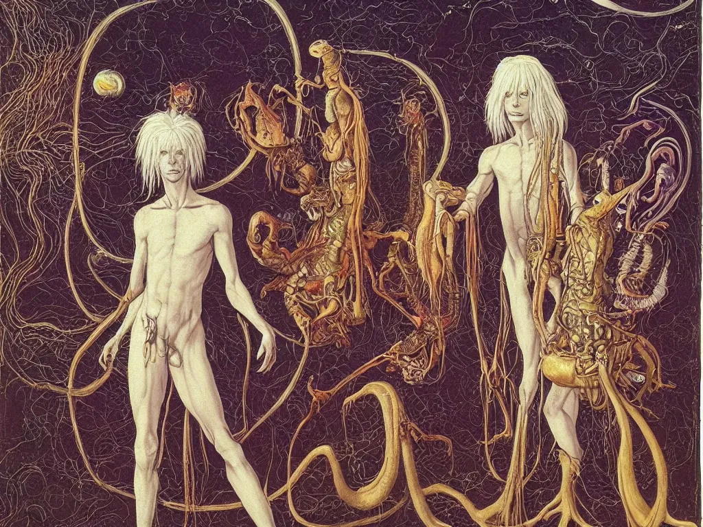 Prompt: Portrait of an albino wizard man with alien creatures on Saturn a million years ago. Painting by Lucas Cranach, Moebius.