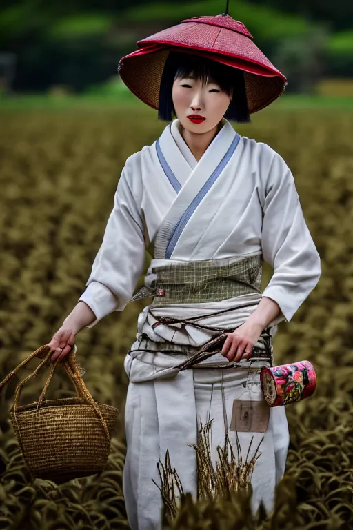 Prompt: japanesse farmer, cinematic view, bokeh, extreme detailed, vogue photo style, proportional, dynamic composition, perfect face details, perfect body shape, intricate, comfort posse, smooth, sharp focus, body features, ultra realistic, award winning photo, captured by nikon d 8 5 0, 4 5. 7 mp lens, 4 k, full body.