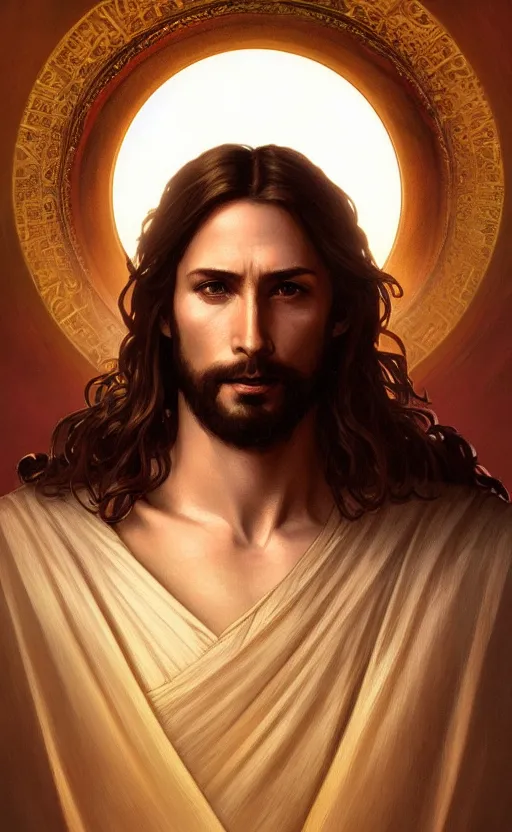 Prompt: Portrait of Jesus with a divine halo, intricate, headshot, highly detailed, digital painting, artstation, concept art, sharp focus, cinematic lighting, illustration, art by artgerm and greg rutkowski, alphonse mucha, cgsociety